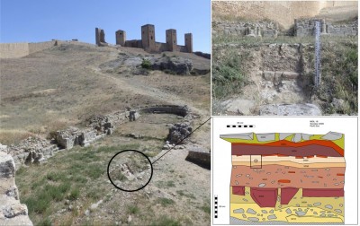 Figure 4. Remains of the Romanesque church inside the fortification and profile analysed micromorphology sampling.